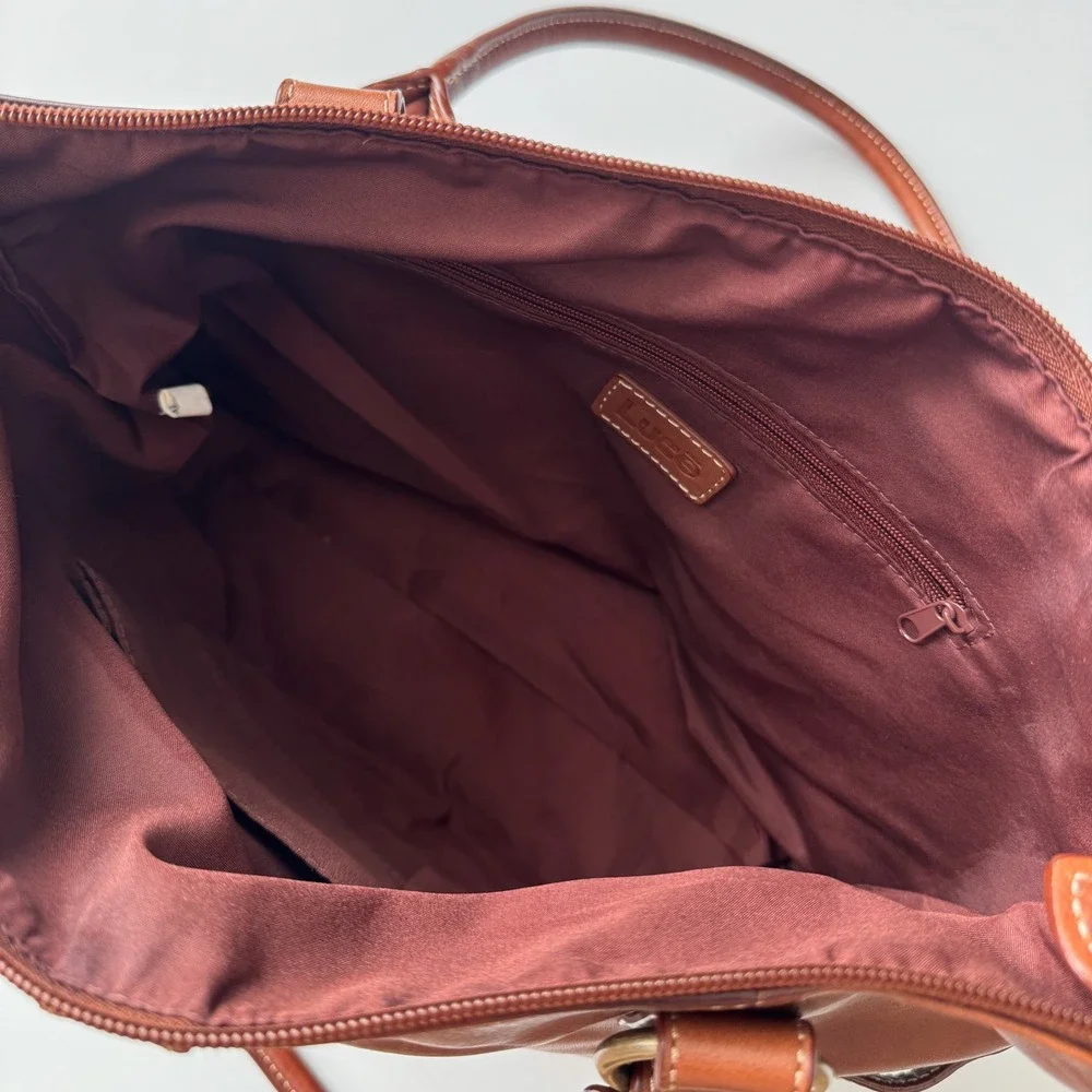 Brown Leather Shoulder Bag Buckle Detail Zippered Tote Brass Hardware Luce